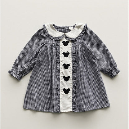 Girls Mickey Mouse Embroidery Pattern Long Sleeves Plaid Dress with Peter Pan Collar