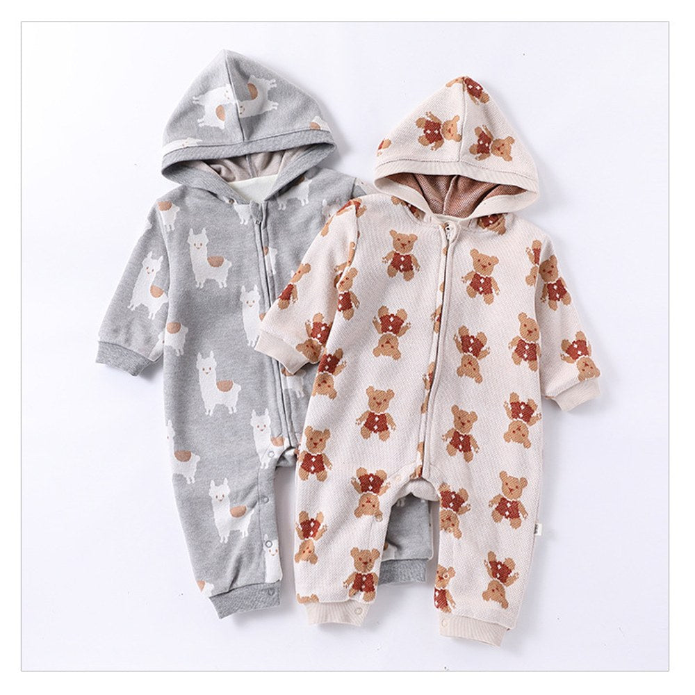 Unisex Baby's Fleece-lined Knitted Hooded Rompers for Warmth
