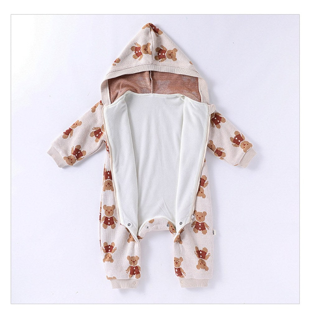 Unisex Baby's Fleece-lined Knitted Hooded Rompers for Warmth