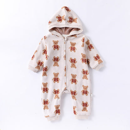 Unisex Baby's Fleece-lined Knitted Hooded Rompers for Warmth