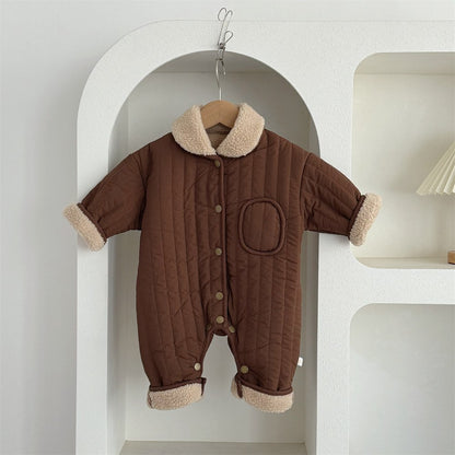 Unisex Baby's Fleece-lined Rompers with Turn-down Collar for Warmth