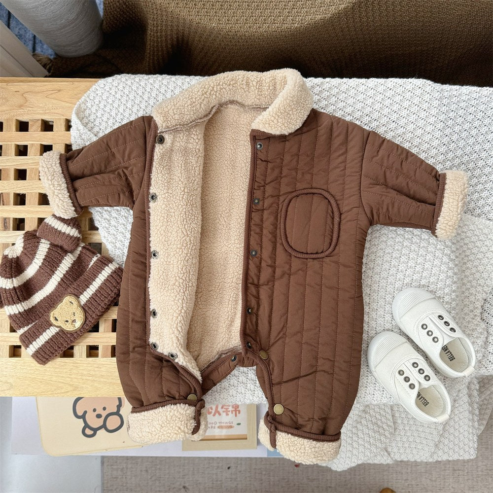 Unisex Baby's Fleece-lined Rompers with Turn-down Collar for Warmth