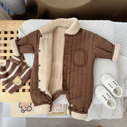 Unisex Baby's Fleece-lined Rompers with Turn-down Collar for Warmth