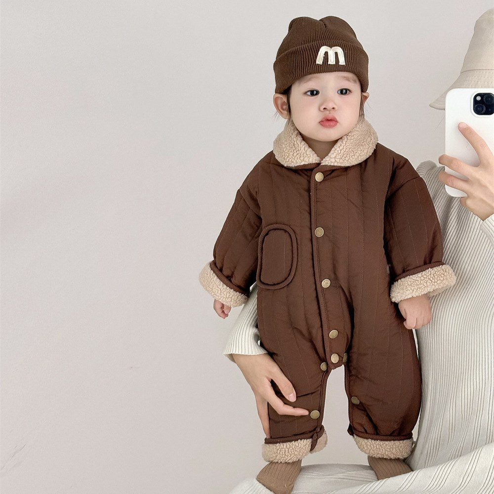 Unisex Baby's Fleece-lined Rompers with Turn-down Collar for Warmth