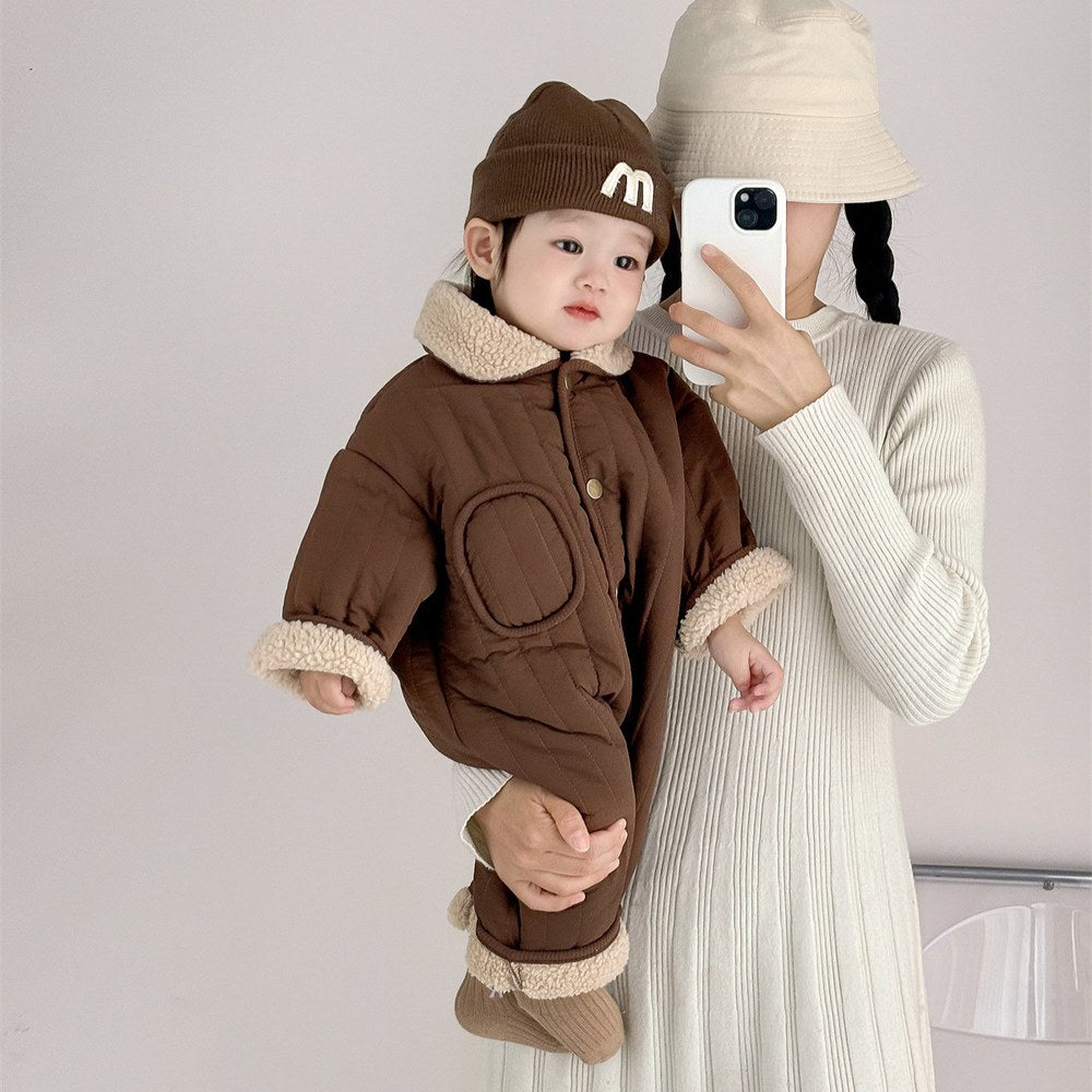 Unisex Baby's Fleece-lined Rompers with Turn-down Collar for Warmth