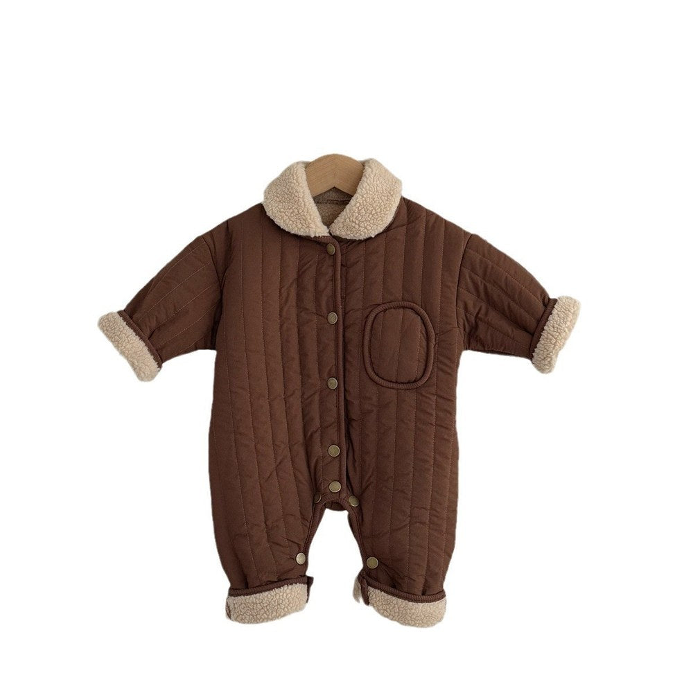 Unisex Baby's Fleece-lined Rompers with Turn-down Collar for Warmth