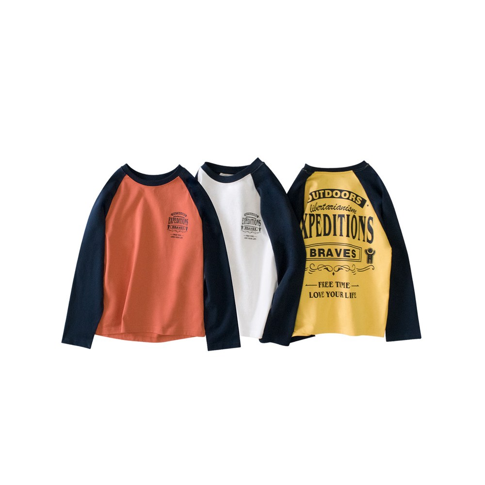 Kids Letters Pattern Crew Neck Long Sleeves Color Patchwork Top