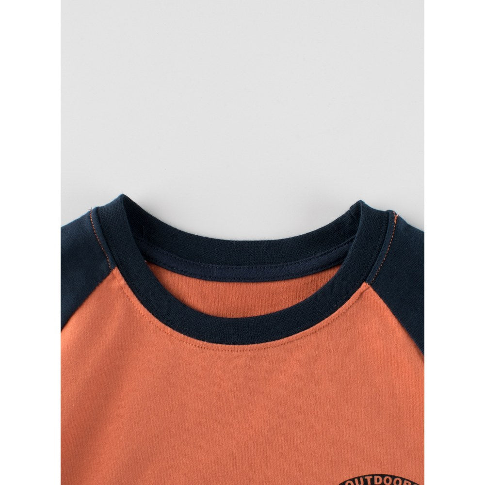 Kids Letters Pattern Crew Neck Long Sleeves Color Patchwork Top