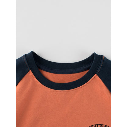 Kids Letters Pattern Crew Neck Long Sleeves Color Patchwork Top