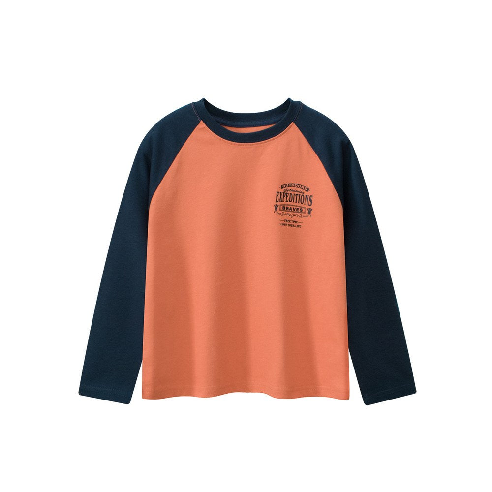 Kids Letters Pattern Crew Neck Long Sleeves Color Patchwork Top
