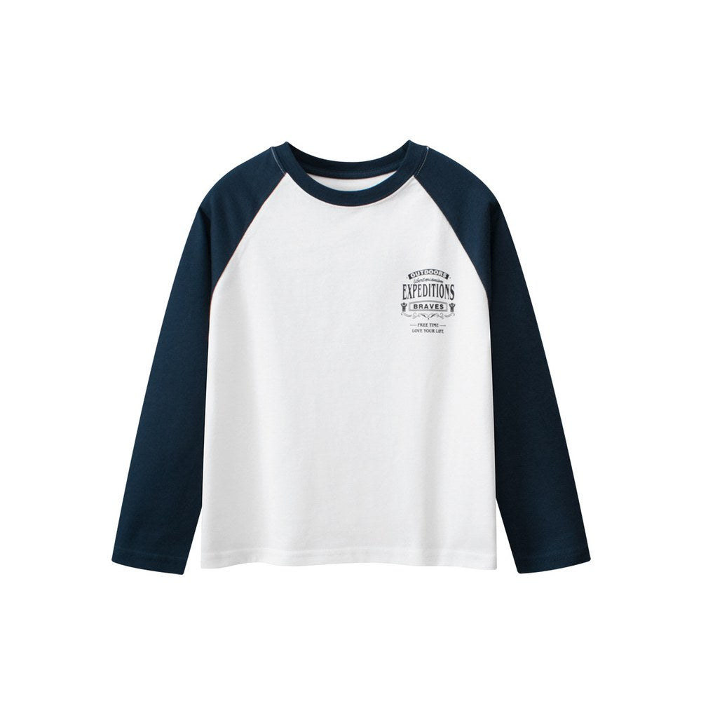 Kids Letters Pattern Crew Neck Long Sleeves Color Patchwork Top