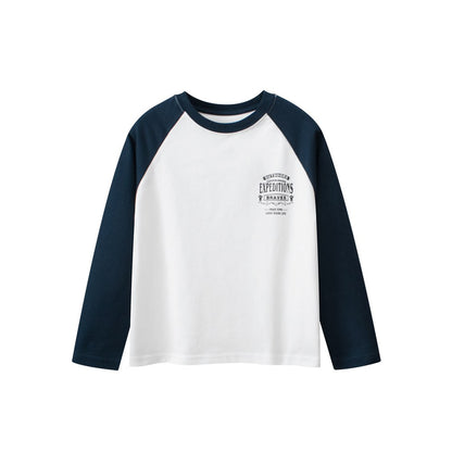 Kids Letters Pattern Crew Neck Long Sleeves Color Patchwork Top