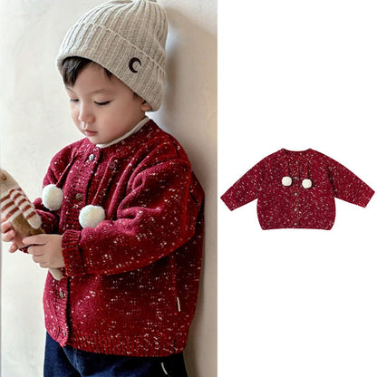 Knitted Baby's Red Wool Sweater Top for Outerwear