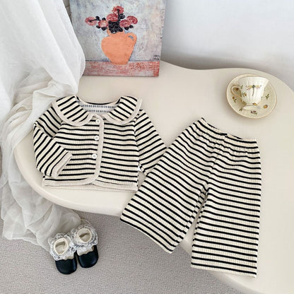 Girls Simple Cute Striped Pattern Single Breasted Top and Pants 2-piece Clothing Set