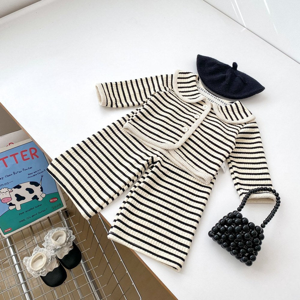 Girls Simple Cute Striped Pattern Single Breasted Top and Pants 2-piece Clothing Set