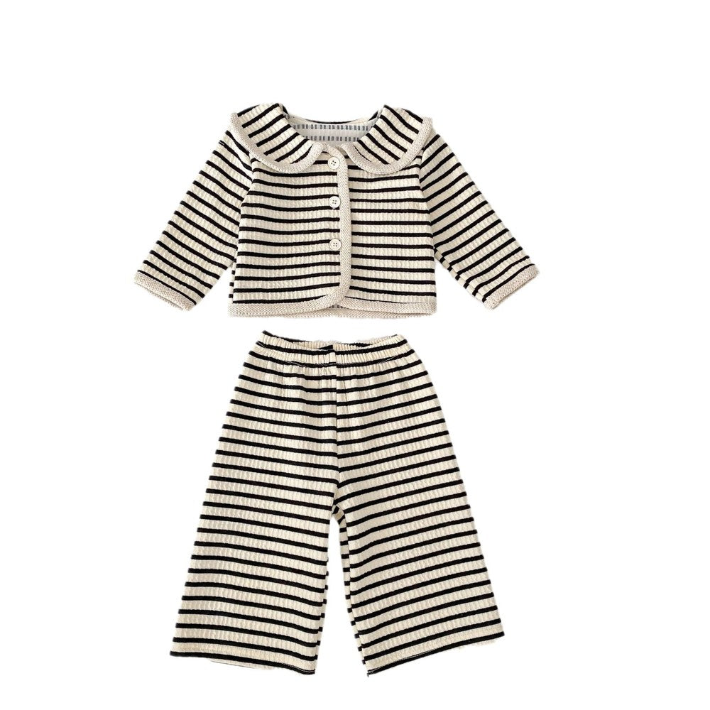 Girls Simple Cute Striped Pattern Single Breasted Top and Pants 2-piece Clothing Set