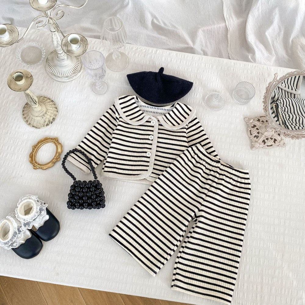 Girls Simple Cute Striped Pattern Single Breasted Top and Pants 2-piece Clothing Set