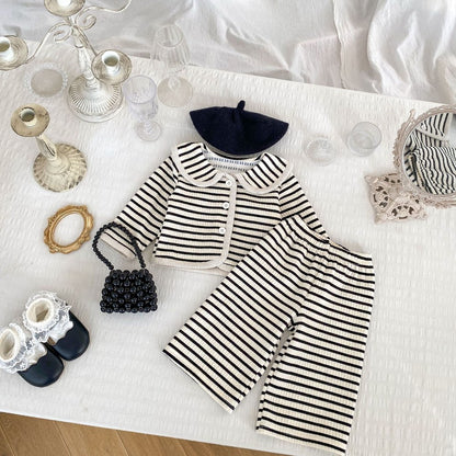Girls Simple Cute Striped Pattern Single Breasted Top and Pants 2-piece Clothing Set