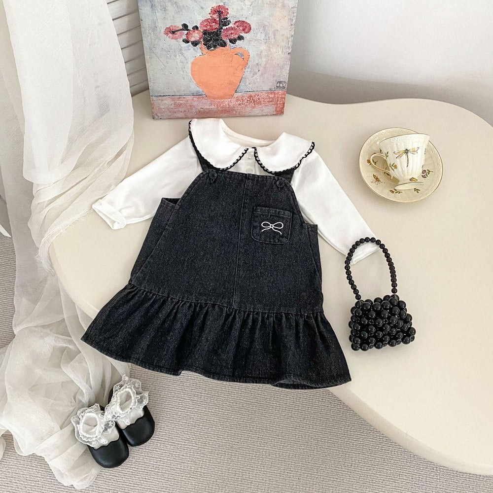 Girls Long Sleeves Simple Top and Black Denim Sleeveless Dress Set - 2 Pieces Clothing Set