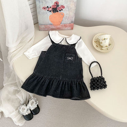 Girls Long Sleeves Simple Top and Black Denim Sleeveless Dress Set - 2 Pieces Clothing Set