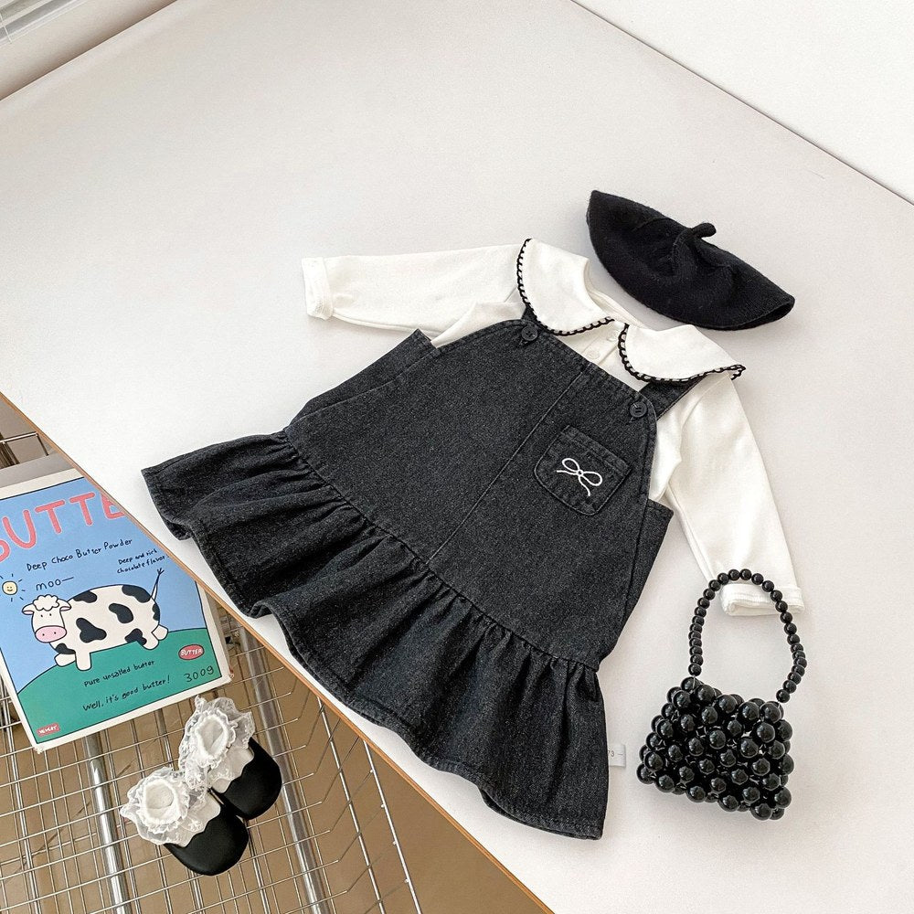 Girls Long Sleeves Simple Top and Black Denim Sleeveless Dress Set - 2 Pieces Clothing Set