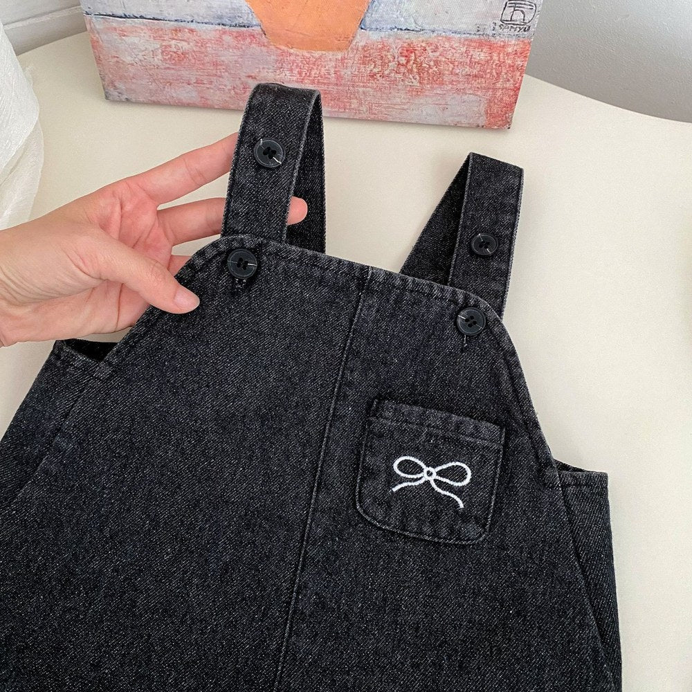 Girls Long Sleeves Simple Top and Black Denim Sleeveless Dress Set - 2 Pieces Clothing Set