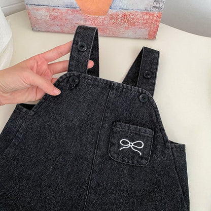 Girls Long Sleeves Simple Top and Black Denim Sleeveless Dress Set - 2 Pieces Clothing Set
