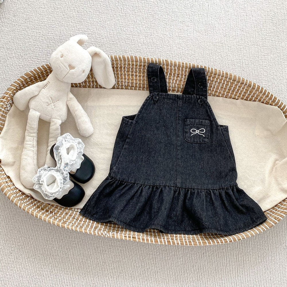 Girls Long Sleeves Simple Top and Black Denim Sleeveless Dress Set - 2 Pieces Clothing Set