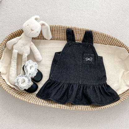 Girls Long Sleeves Simple Top and Black Denim Sleeveless Dress Set - 2 Pieces Clothing Set