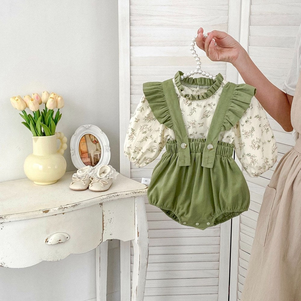 Girls Long Sleeves Floral Printed Top and Green Overalls Bodysuit Set - 2 Pieces Clothing Set