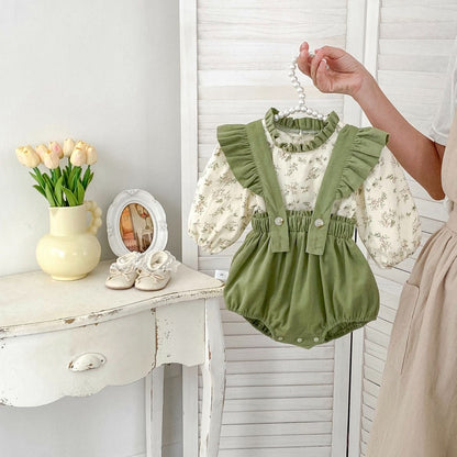 Girls Long Sleeves Floral Printed Top and Green Overalls Bodysuit Set - 2 Pieces Clothing Set