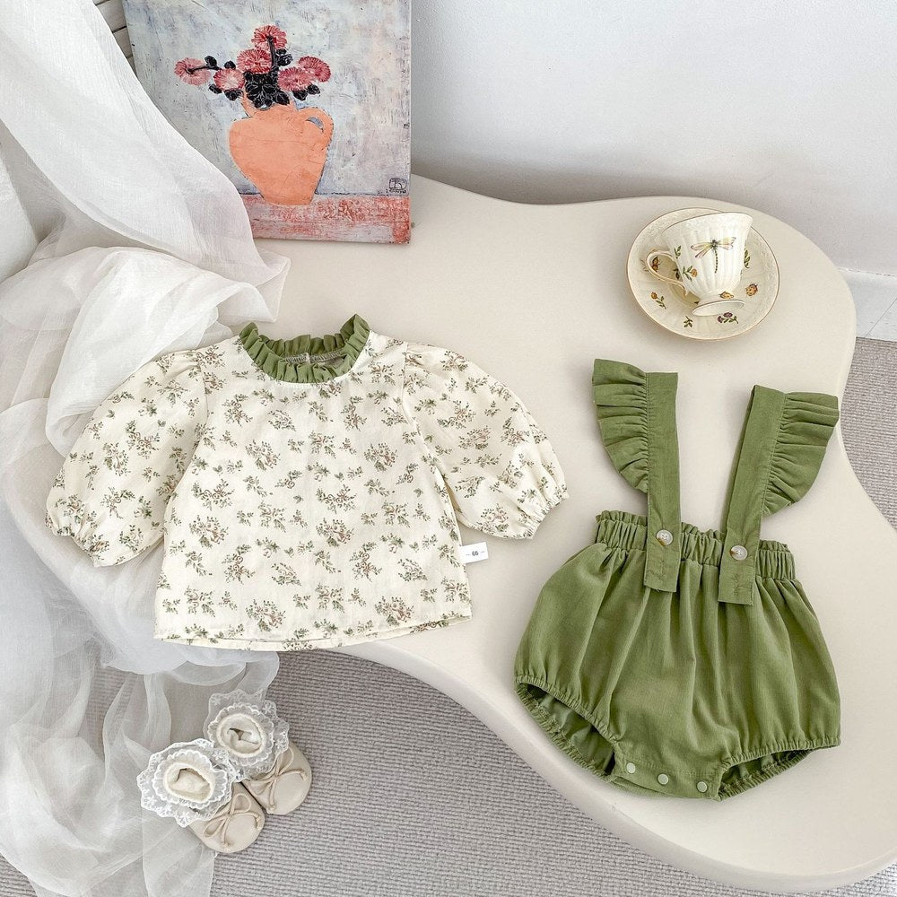 Girls Long Sleeves Floral Printed Top and Green Overalls Bodysuit Set - 2 Pieces Clothing Set