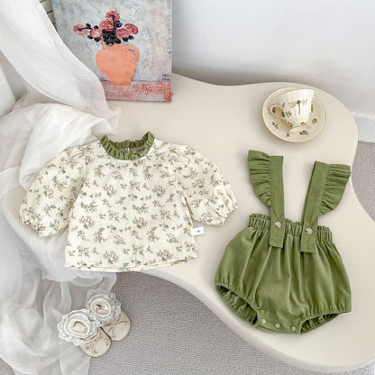 Girls Long Sleeves Floral Printed Top and Green Overalls Bodysuit Set - 2 Pieces Clothing Set