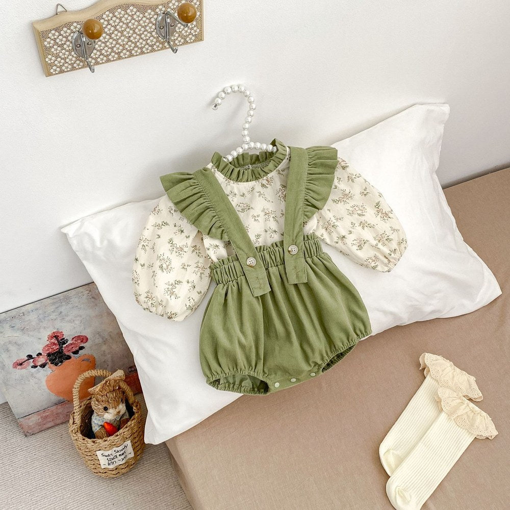 Girls Long Sleeves Floral Printed Top and Green Overalls Bodysuit Set - 2 Pieces Clothing Set