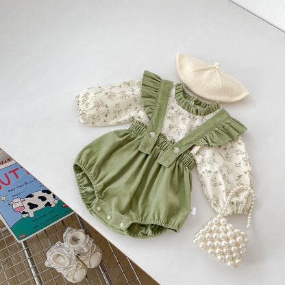 Girls Long Sleeves Floral Printed Top and Green Overalls Bodysuit Set - 2 Pieces Clothing Set