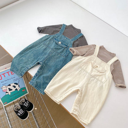 Girls Long Sleeves Simple Striped Top and Denim Overalls Set - 2 Pieces Clothing Set