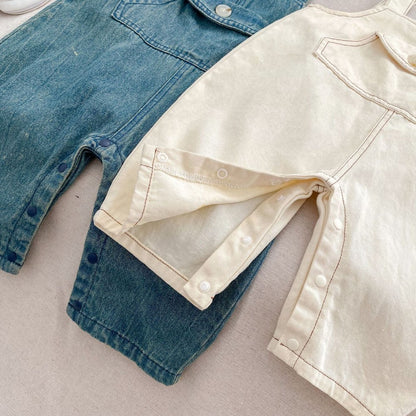 Girls Long Sleeves Simple Striped Top and Denim Overalls Set - 2 Pieces Clothing Set