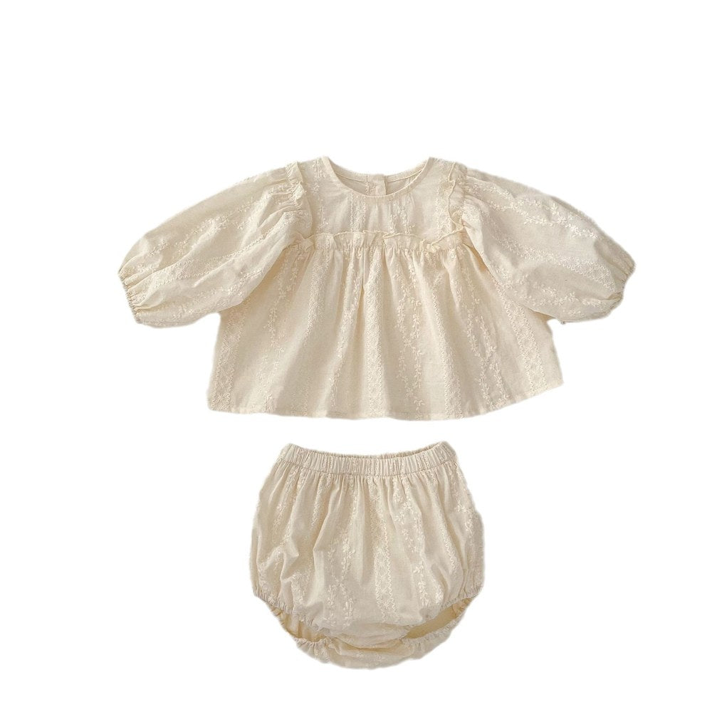 Baby Girls Long Sleeves Floral Embroidery Solid Color Dress and Bloomers 2-Piece Clothing Set