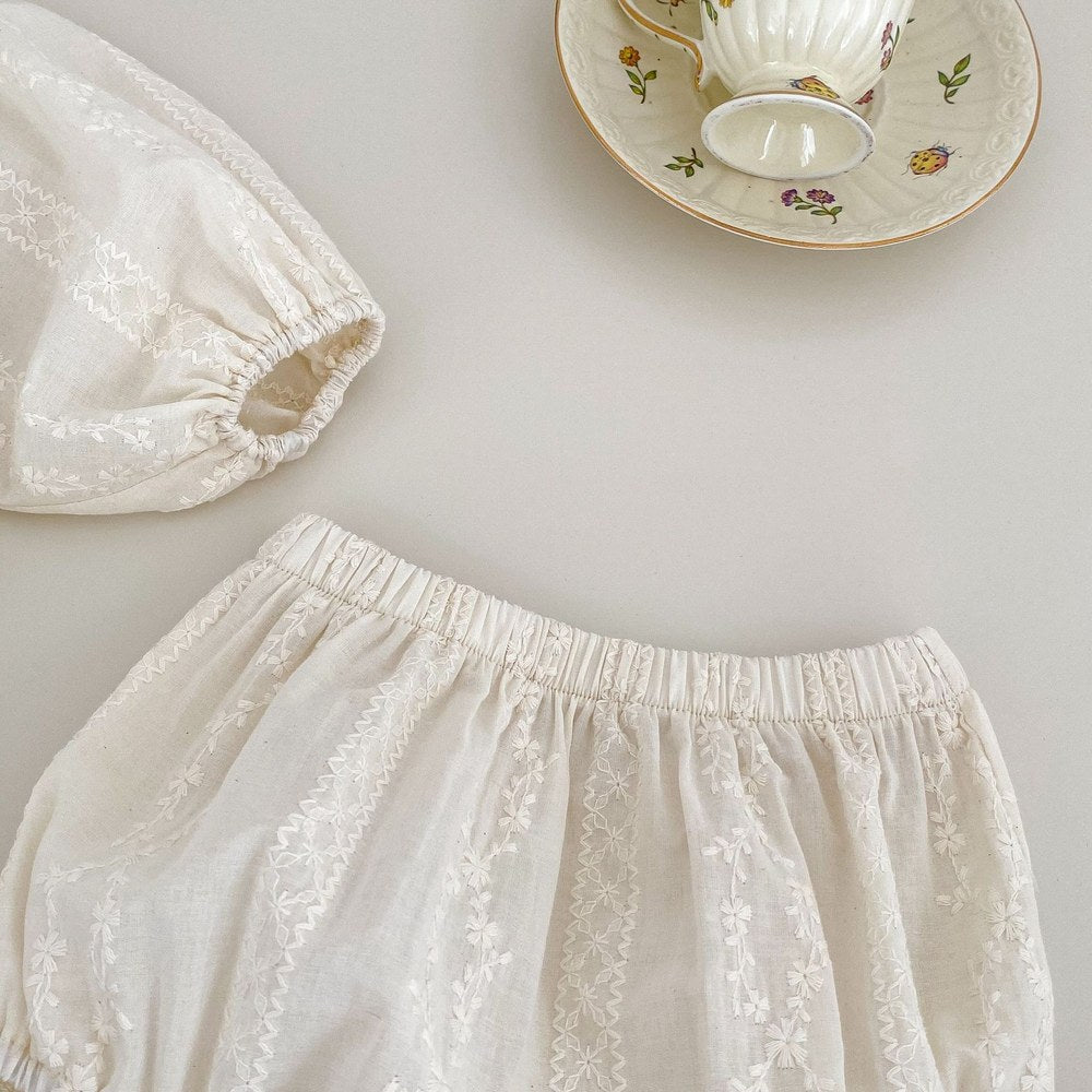 Baby Girls Long Sleeves Floral Embroidery Solid Color Dress and Bloomers 2-Piece Clothing Set