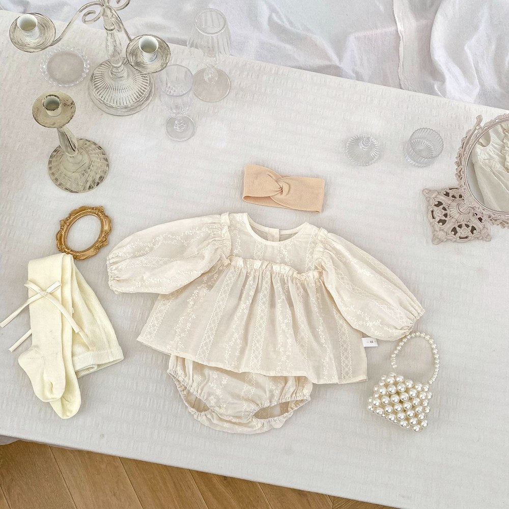 Baby Girls Long Sleeves Floral Embroidery Solid Color Dress and Bloomers 2-Piece Clothing Set