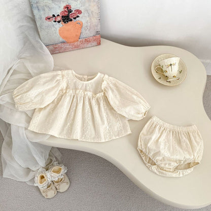 Baby Girls Long Sleeves Floral Embroidery Solid Color Dress and Bloomers 2-Piece Clothing Set