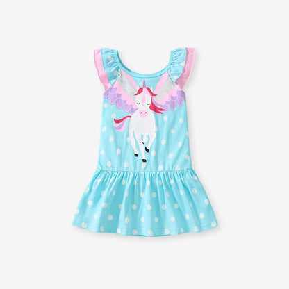 Pure Cotton Unicorn and Polka Dots Pattern Sleeveless Dress for Stylish Girls