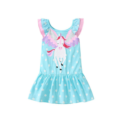 Pure Cotton Unicorn and Polka Dots Pattern Sleeveless Dress for Stylish Girls
