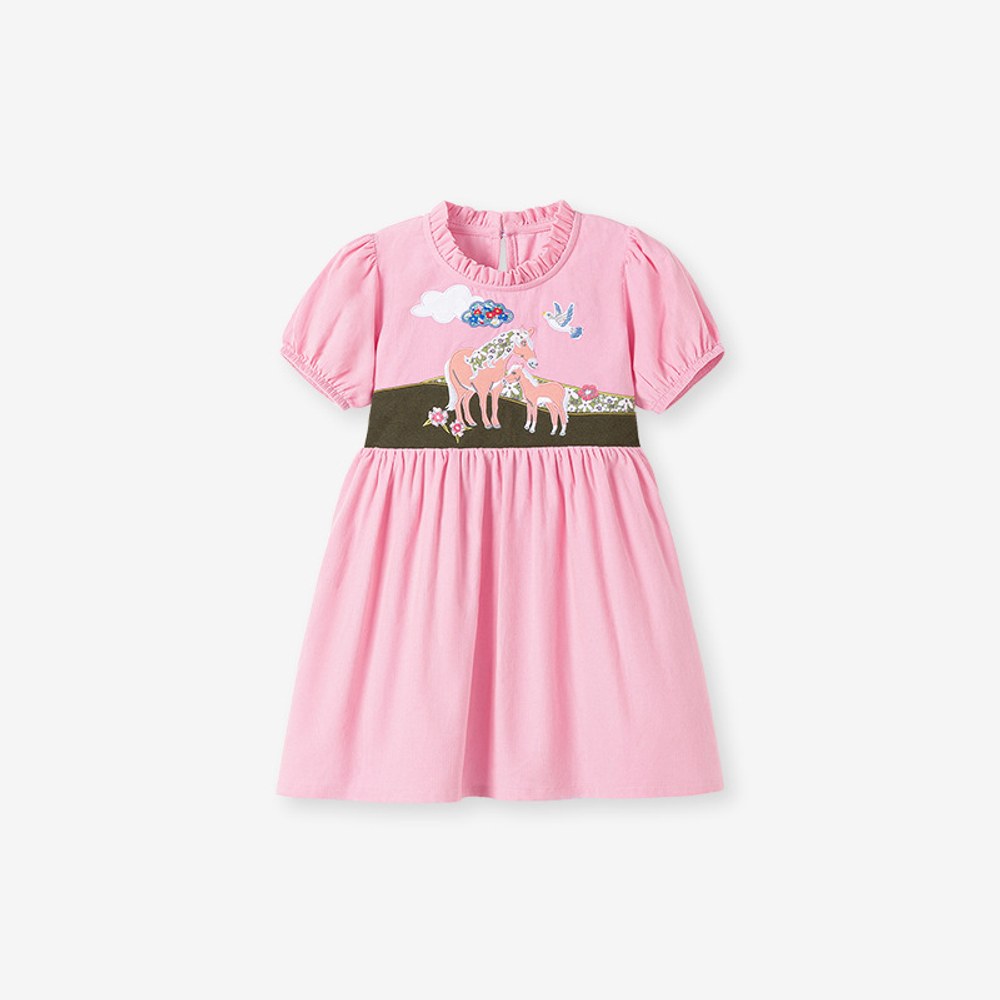 Animals Pattern Short-sleeved Pink Dress with Ruffle Neck for Stylish Girls