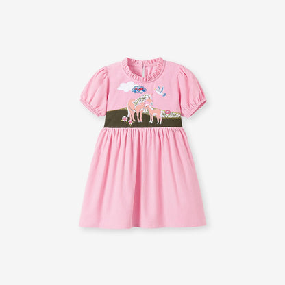 Animals Pattern Short-sleeved Pink Dress with Ruffle Neck for Stylish Girls