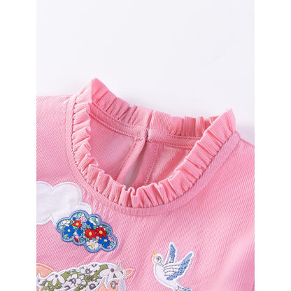 Animals Pattern Short-sleeved Pink Dress with Ruffle Neck for Stylish Girls