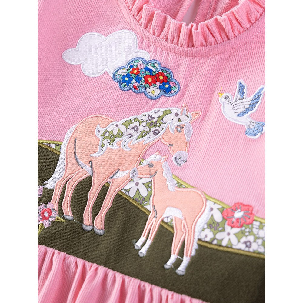 Animals Pattern Short-sleeved Pink Dress with Ruffle Neck for Stylish Girls