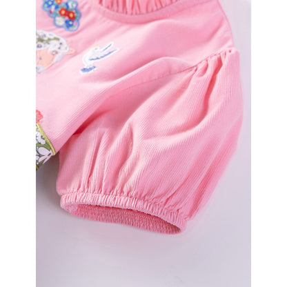 Animals Pattern Short-sleeved Pink Dress with Ruffle Neck for Stylish Girls