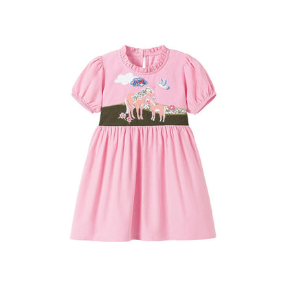 Animals Pattern Short-sleeved Pink Dress with Ruffle Neck for Stylish Girls
