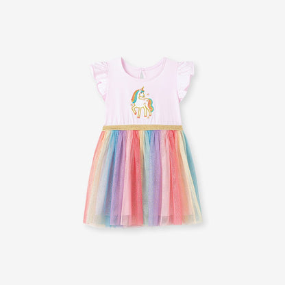 Animals Pattern Fly-sleeved Pink Dress with Colorful Tulle for Stylish Girls